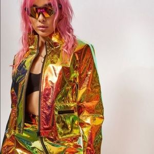 Jaded London Holographic Copper Crinkle Foil Crop Jacket with Pockets